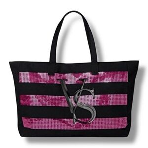 NWOT Victoria’s Secret Black With Pink Sequin Stripe Limited Edition XL Tote